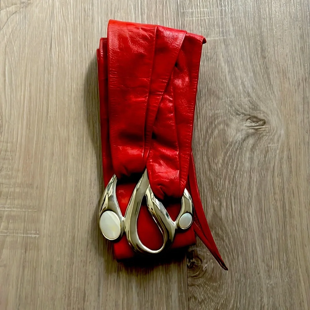 Vintage Salena’s Collection Red Leather Belt with Gemstone Buckle - Picture 1 of 12